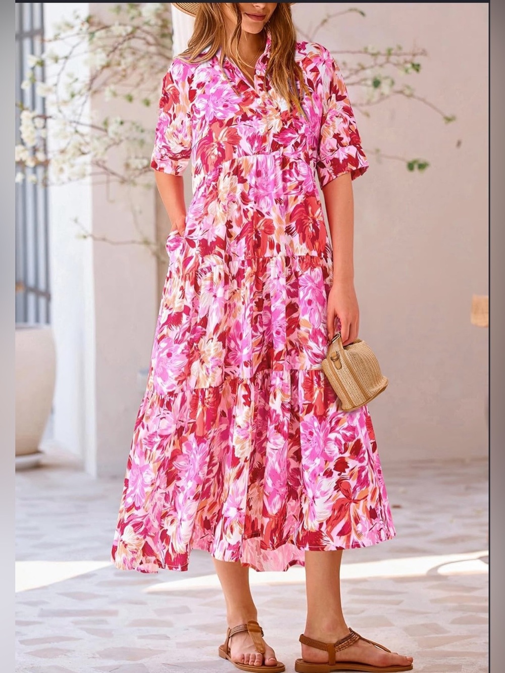 Women's Pink Floral Tiered Midi Dress with Short Sleeves size M